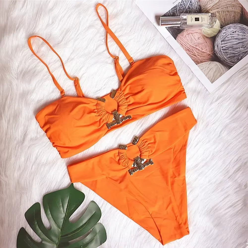 Shiny Rhinestone Bikini 2024 Sexy Solid One Shoulder Cut Out Push up Swimsuit Lady Crystal Bathing Suit Brazilian Thong Swimwear