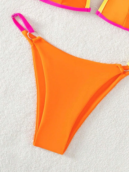 Swim Summer Beach Contrast Binding Ring Linked Triangle Bikini Set