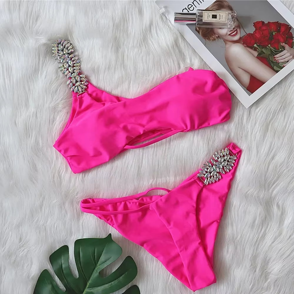 Shiny Rhinestone Bikini 2024 Sexy Solid One Shoulder Cut Out Push up Swimsuit Lady Crystal Bathing Suit Brazilian Thong Swimwear