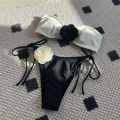 Sexy Flower Bandeau Swimwear Thong Bikini 2025 Women Lace-Up Swimsuit Swimming Bathing Suit Brazilian Bikinis Sets Mujer Biquini