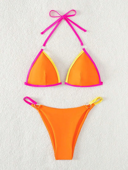 Swim Summer Beach Contrast Binding Ring Linked Triangle Bikini Set